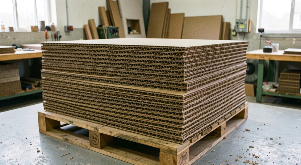 Plaques de carton alvéolaire brut empilées sur une palette, chants visibles, dans la lumière d’un atelier de façonnage
